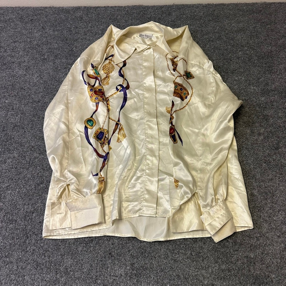 San Andre Blouse Womens Size 14 Cream Satin Jewel Tassel Print Long Sleeve Shirt